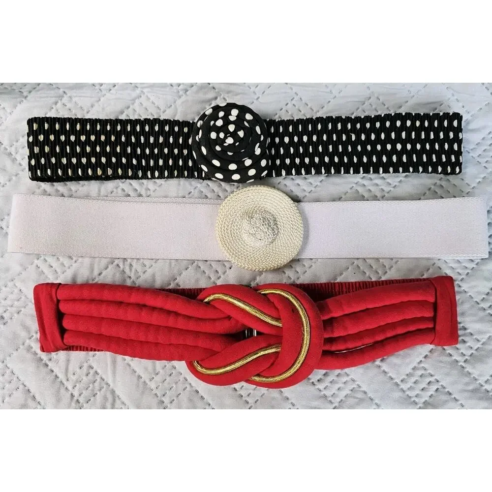 Vintage 80s Rope Elastic Stretch Belts With Buckle Lot Of 3 Polka Dot Wide